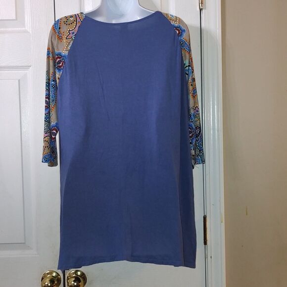 Honeyme 3/4 length print sleeve blue tunic  super soft Sz  L - Picture 3 of 4